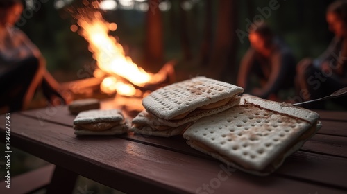 Campfire Treats S mores on Picnic Table with Flames in Background