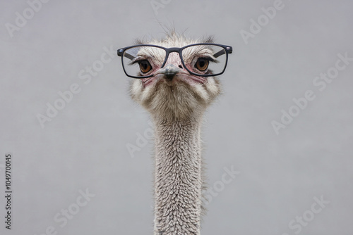 Funny African ostrich in glasses on a gray background.