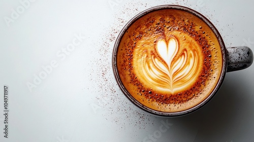 Cup of latte art coffee from above isolated on white