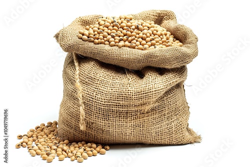 Soybeans in burlap sack isolated on a white background.