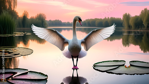 A graceful swan with a tutu and ballet slippers, standing in a poised ballet position with wings elegantly spread. Background: a beautiful lake with lily pads and a soft pink sunset.