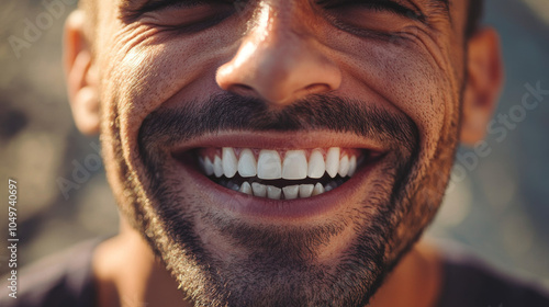 A man is grinning widely, but one of his front teeth is missing. You can see his whole face in the picture.