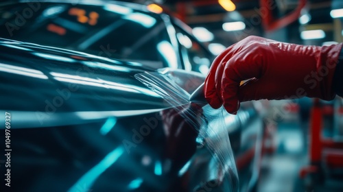 A specialist applies vinyl film on a car during a wrapping process, shown in close-up. 