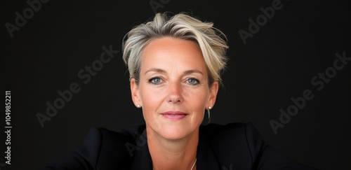 middle-aged dutch woman, dressed professionally, leaning her arms on a modern black lectern against a dark background, behind her appear in the air we see the these in white sentence