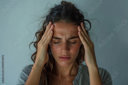 Close up unhealthy young woman suffering from strong headache or chronic migraine, touching temples with closed eyes, unhappy tired businesswoman or student feeling unwell, feeling pain