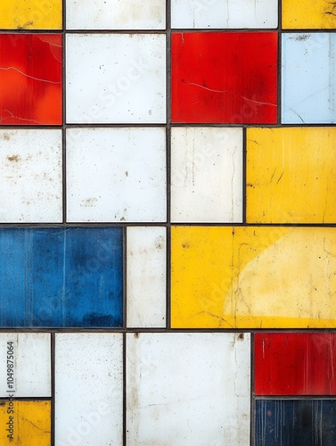 Abstract composition with colorful geometric tiles in primary colors - red, blue, yellow and white creating modernist pattern with distressed texture