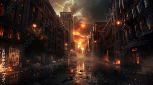 Apocalyptic Urban Street With Fiery Skies and Thunderstorm in Abandoned Cityscape