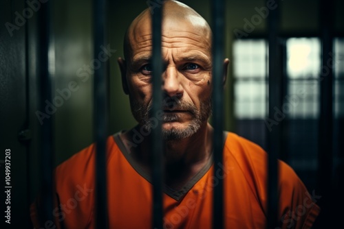 A man in an orange prison uniform gazes directly at the camera from behind metal bars, conveying a sense of confinement and contemplation in a detention center