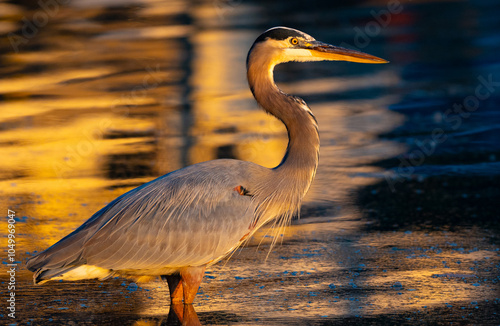 Great blue heron poised in a lake in early morning sunlight, Lake Chickamauga, Harrison Bay State Park, Tennessee