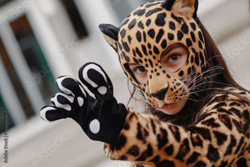 Teen girl acting like a leopard, wearing a spotted leopard mask, matching tail, and paw gloves, prowling gracefully in a sleek leopard costume.