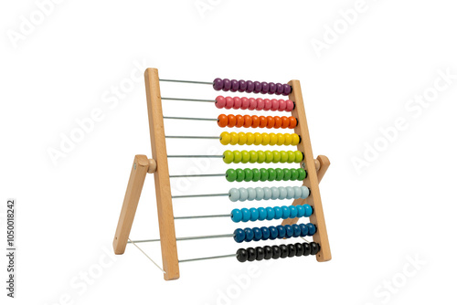 Wooden abacus with multi-colored beads. The beads are arranged in rows, with each row containing a different color. The abacus is located on a transparent PNG background.