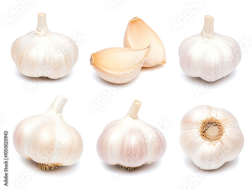 Fresh garlic bulbs and cloves displayed on white background, showcasing their natural texture and color. This captures essence of garlic, staple ingredient in many cuisines