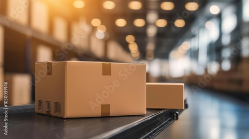 Ecommerce fulfillment center, packing stations, and shipping boxes in motion