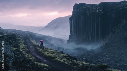 Icelandic Trail Adventure: High-Performance Bike Against Basalt Columns, Misty Valley, and Twilight Sky - Photorealistic Landscape Photography.