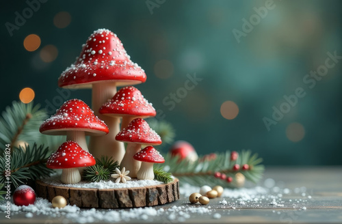 Festive holiday decor with red mushrooms and snowy pine branches for christmas ambiance