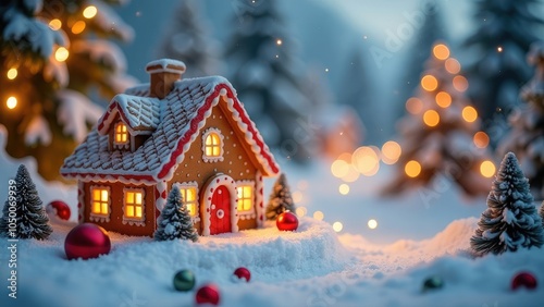 A glowing gingerbread cottage sits in a snowy landscape decorated with a Christmas tree and twinkling lights, creating a warm and festive scene. Festive Christmas background