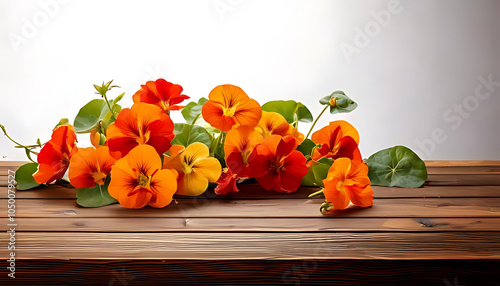 nasturtiums wooden table white background make visually appealing arrangement plenty negative space nearby