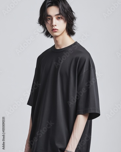 Portrait of a young man in a stylish black t-shirt against a plain background, showcasing casual fashion and modern aesthetics.