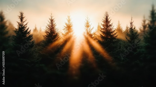 Rays of sunlight dramatically pierce through towering forest trees, casting intricate shadows and creating a divine play of light and shadow within nature's cathedral.