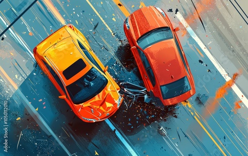 Dynamic scene of a car accident with two collided vehicles on a road, conveying chaos and urgency.