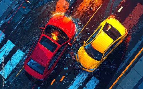 Two cars in a collision on a wet street, vibrant colors reflecting the aftermath of an accident.