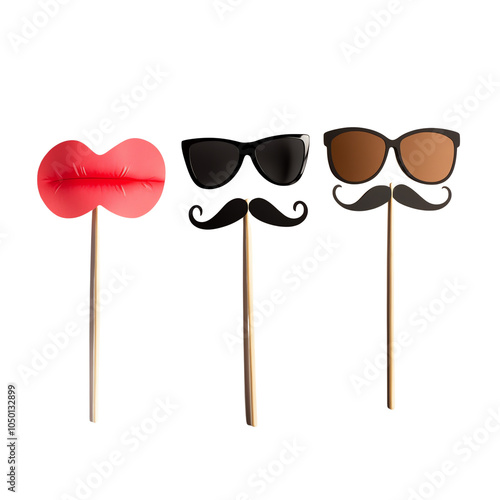 Colorful photo booth props featuring lips, glasses, and mustaches for fun party entertainment.