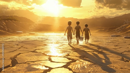 Two children stride purposefully across a sun-soaked, cracked landscape carrying water.