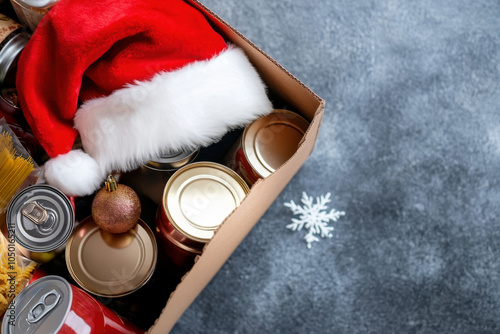 Christmas donation, charity, food bank, help for low income, poor families, homeless people. Cardboard box full of grocery products and Christmas Santa hat on gray background. Top view