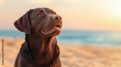 A joyful black Labrador sits on the sunlit beach, its tongue playfully out, embodying happiness and freedom against the stunning backdrop of the ocean's serenity.