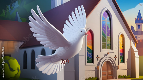 A stylized white dove flying in front of a colorful church with stained glass windows. The church features a traditional architectural design with a pointed roof and a welcoming entrance.