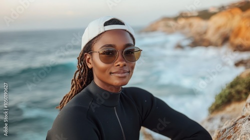 A cheerful woman in a black wetsuit and white cap smiles by the ocean, exuding positivity, contentment, and a deep connection to the natural surroundings.