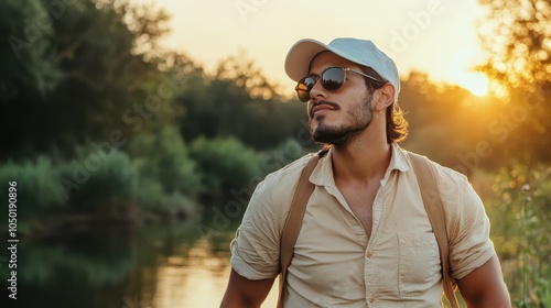 Man with sunglasses walks confidently along a riverbank. The warm glow of the setting sun highlights his casual and adventurous persona, embodying exploration.