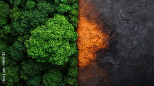 An aerial view strikingly contrasting a lush green forest with a barren wasteland edge, representing the dichotomy between nature's vitality and environmental decline.