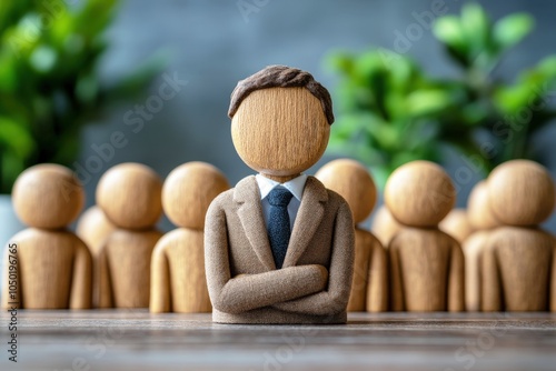 The Wooden Leader: A metaphorical image of leadership and authority with a wooden figure in a suit standing confidently at the forefront of a group of faceless figures.