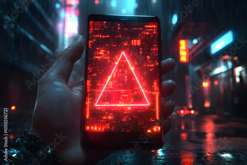 Close-up of a hand holding a smartphone displaying a large warning icon with an exclamation mark on a red, textured background, conveying caution, alert, or danger. 