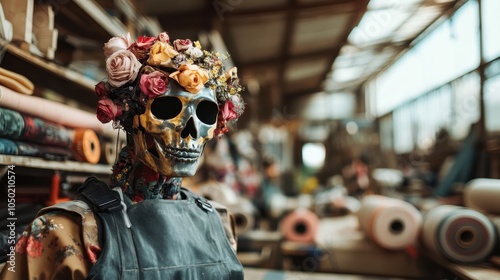 A creatively adorned skeleton wearing a vibrant floral crown stands amidst vibrant textiles, symbolizing both the beauty and fragility of life within this atmospheric setting.