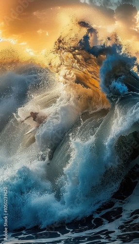 Dramatic Surfing Wipeout at Sunset: Capturing the Ocean's Power and Energy