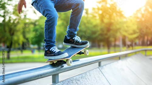 Skateboarder grinding on a handrail