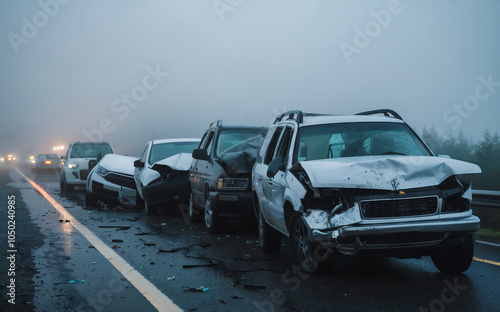 A multi-car collision on a misty highway, featuring broken glass and dented hoods, shrouded in thick fog and low light.