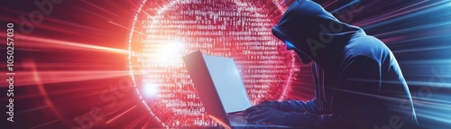 Hooded figure at laptop, binary code surrounding ominous light, cybercrime and online fraud in digital space