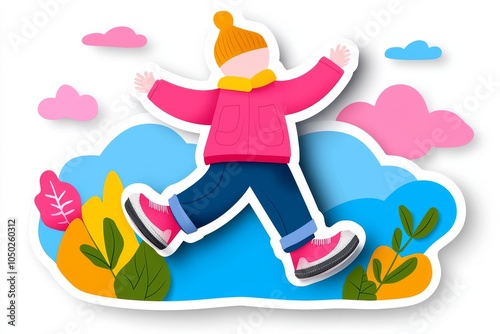 A cheerful child of ambiguous ethnicity joyfully walks on colorful clouds in a bright winter outfit.