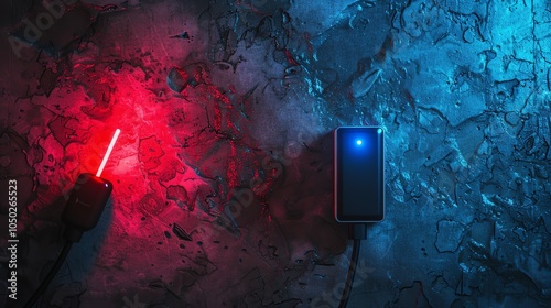 A power adapter and plug illuminated in red and blue light on a rough textured wall.