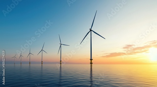 Wind Turbines at Sunrise over Calm Ocean Water