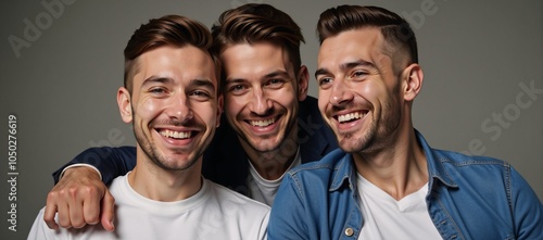 Polyamorous trio of gay men showcasing strong loving bond within their committed relationship