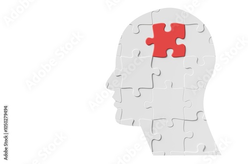 Human head jigsaw puzzle with one piece red isolated on white background, brain or mental disease or health problem concept