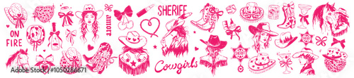 Cowgirl coquettish illustration set, vector western bachelorette disco hand drawn party sticker. American traditional Texas hat, boots, female ranch girl portrait, pink ribbon bow. Groovy cowgirl icon