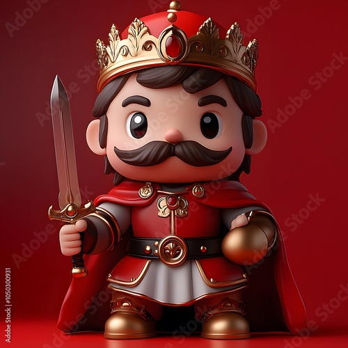 Charismatic 3D character king raising his sword in a victorious pose wearing a knight's armor and a detailed crown