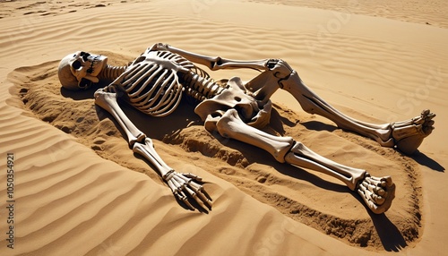 An ancient minotaur skeleton, half-buried in sand, tells the story of a long-lost civilization that revered the creature as a guardian of their secrets, Generative AI