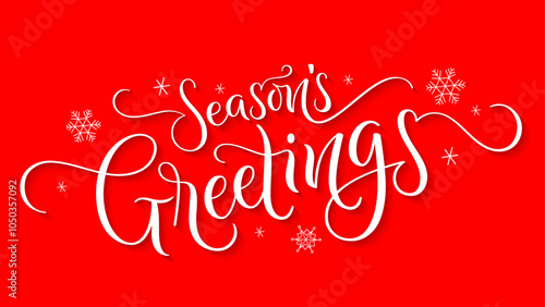 SEASON'S GREETINGS white vector brush calligraphy banner with snowflakes on red background