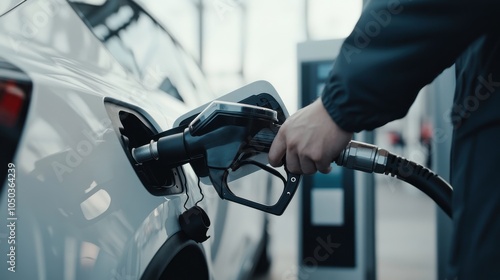 Person Fueling Car at Gas Station